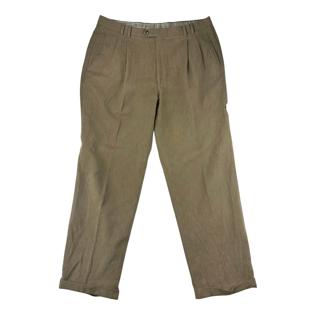 St. Croix Trousers Mens Pleated 40 Tan Brown Dress Pants Vintage Wool Microfiber